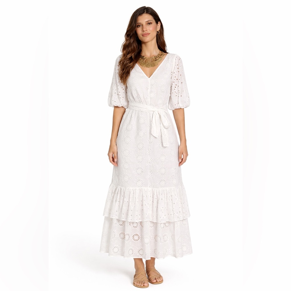 ZARA BELTED EMBROIDERED MIDI DRESS OYSTER WHITE SIZE S - Picture 1 of 15